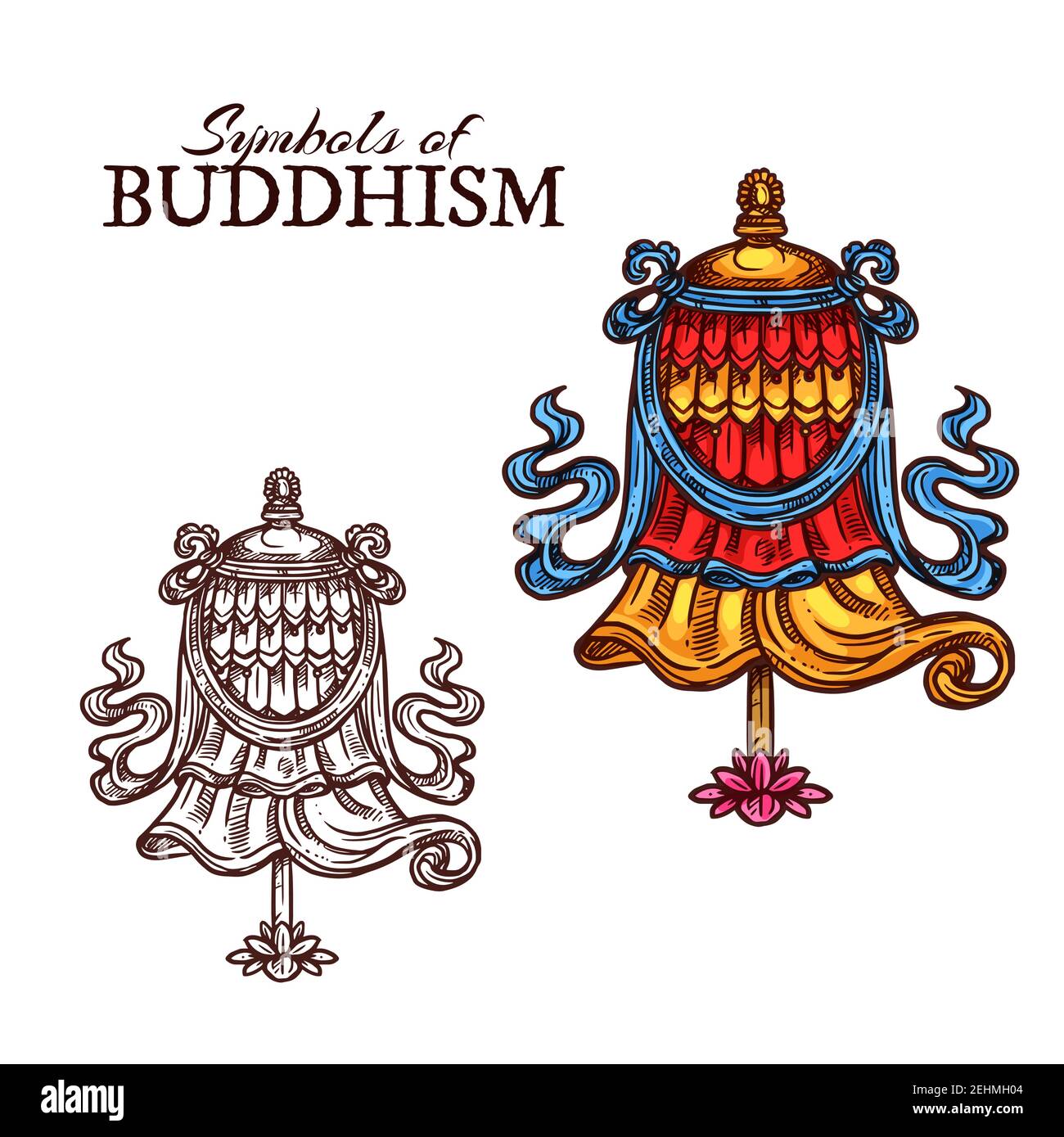 Buddhismus religiöser Vektor Sieg Banner. Skizze Ikone von Dhvaja oder Dhwaja Flagge als acht glücksverheißende Symbol und buddhistische Mönche Anbetung, traditionelle ritu Stock Vektor
