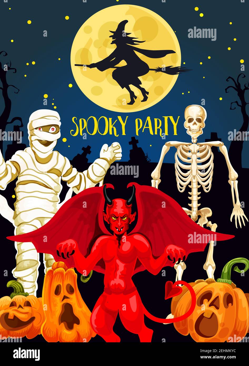 Halloween Horror Nacht Party Banner für oktober Feiertagsfeier. Gruseliges Skelett, fliegende Hexe und Mumie, Teufelsdämon, Kürbislaterne, Mond und c Stock Vektor