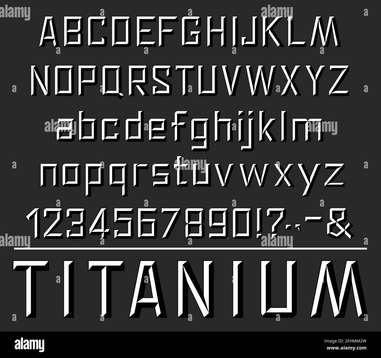 Titankartbuchstaben. Vektor-Prägung oder Silber Metall Textur Design von Großbuchstaben, Kleinbuchstaben, Zahlen oder Sonderzeichen und Satzzeichen ma Stock Vektor