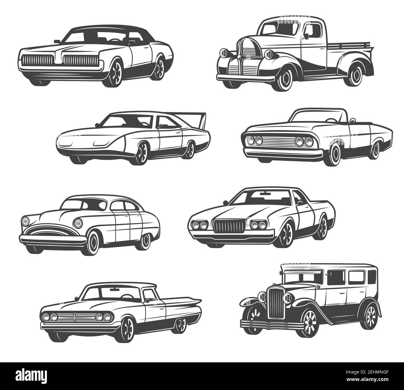 Retro-Autos und Oldtimer-Modelle. Vektor isolierte Ikonen der antiken Minivan oder Personenbus mit Taxi-Kabine oder Sportwagen Cabriolet mit RÜR Stock Vektor