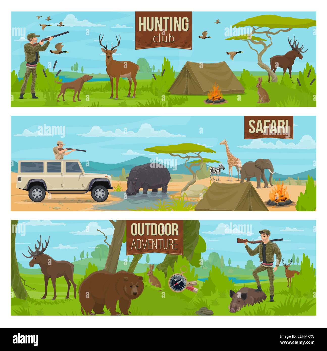 Jagd Sport von Safari-Banner mit Jäger halten Gewehr, Wald und afrikanische Wildtiere. Elche und Hirsche, Kaninchen und Ente, Bär und Wildschwein, Giraffe und Stock Vektor