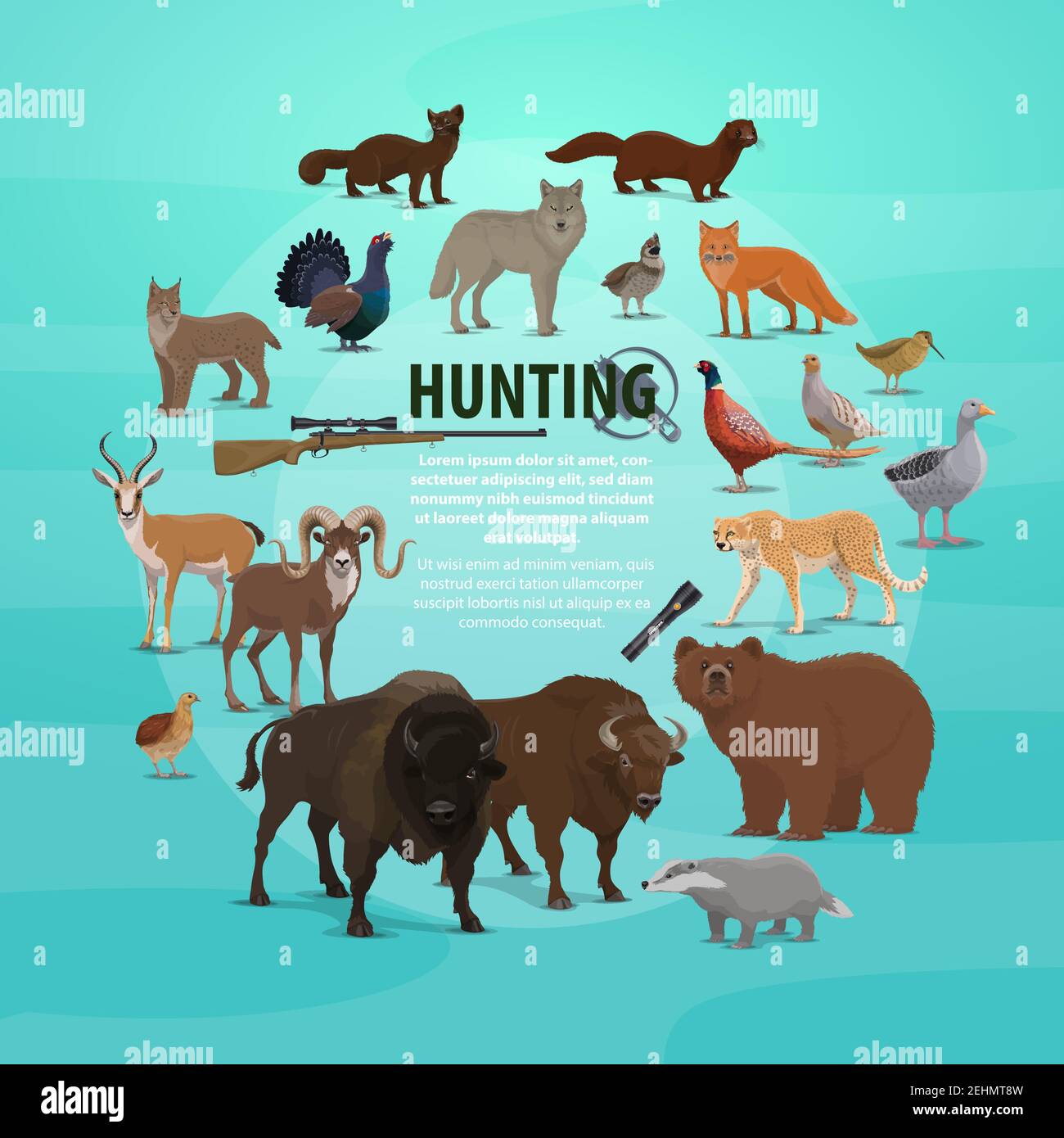 Jagdtierposter mit Gewehr und Feuerzeug. Vektor von Jäger Beute, Bär und Büffel, Dachs und Ziege, Hirsch und Luchs, Fasane und Wolf, marten und f Stock Vektor