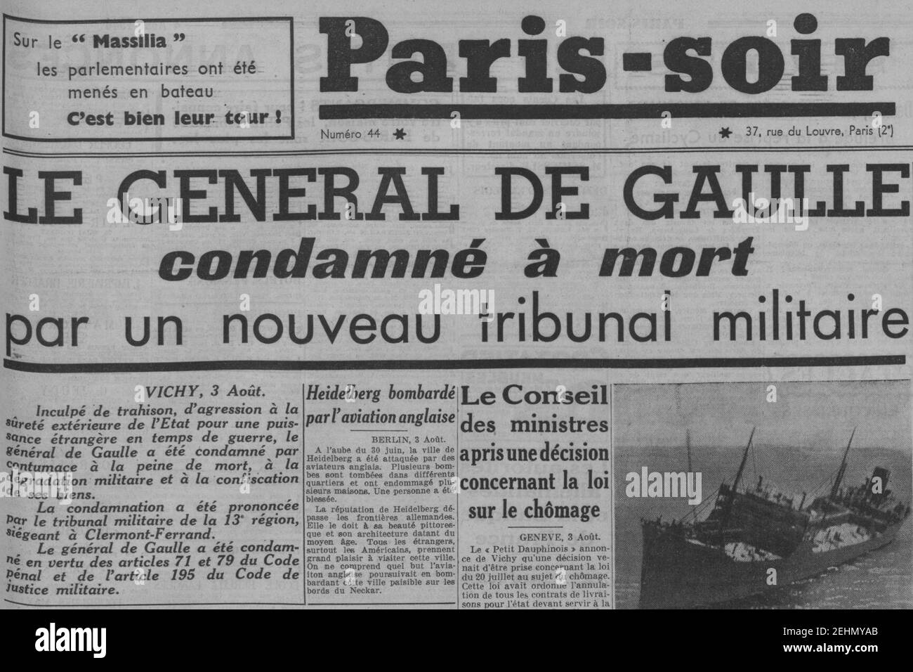 Paris-soir - général de Gaulle condamné à mort. Stockfoto