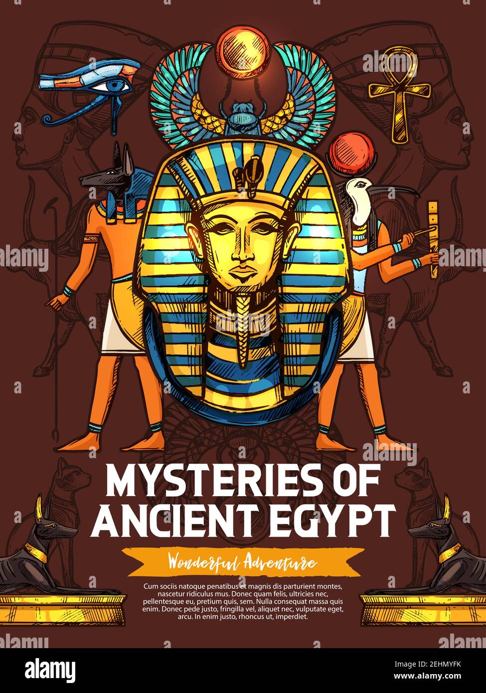 Altes Ägypten Plakat, Vektor-Skizze. Pharao Goldmaske, Skarabäus Amulett und Anubis gott Skulptur, Auge des Horus, Nofertiti Symbol an der Wand, geflügelte Skarabäus an Stock Vektor