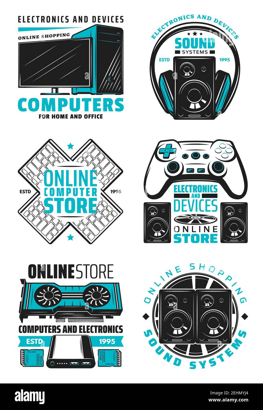 Elektronische Geräte und Computer Online-Shop Symbole. Vector Heim- und Bürogeräte, PC-Notebook, Audio- und Video-Multimedia-Player, HiFi-Systeme Stock Vektor