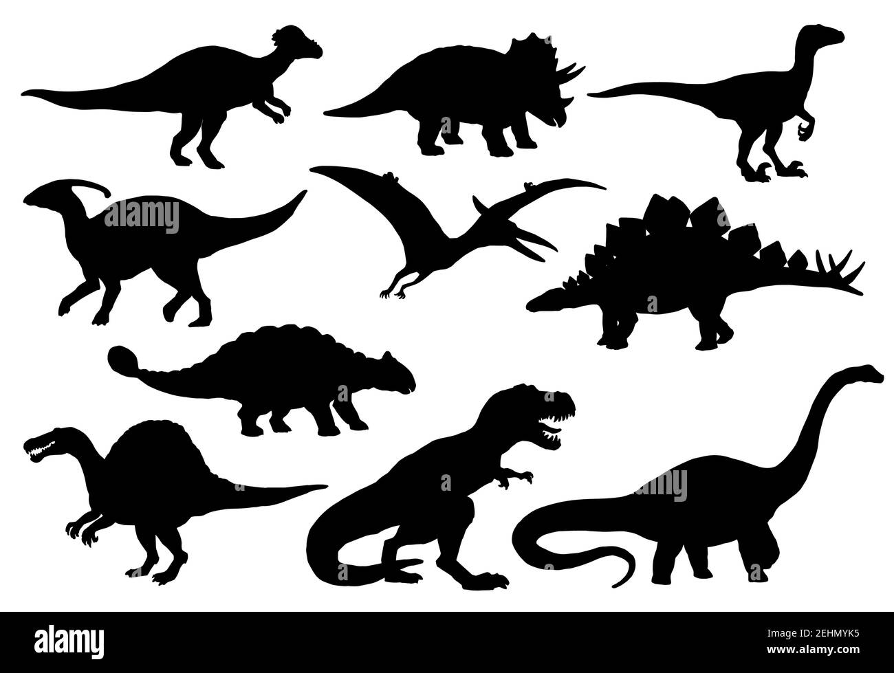 Dinosaurier und Jurassic Dino Monster Symbole. Vektor Silhouette von Triceratops oder T-rex, Brontosaurus oder Pterodactyl und Stegosaurus, pteranodon oder Cera Stock Vektor