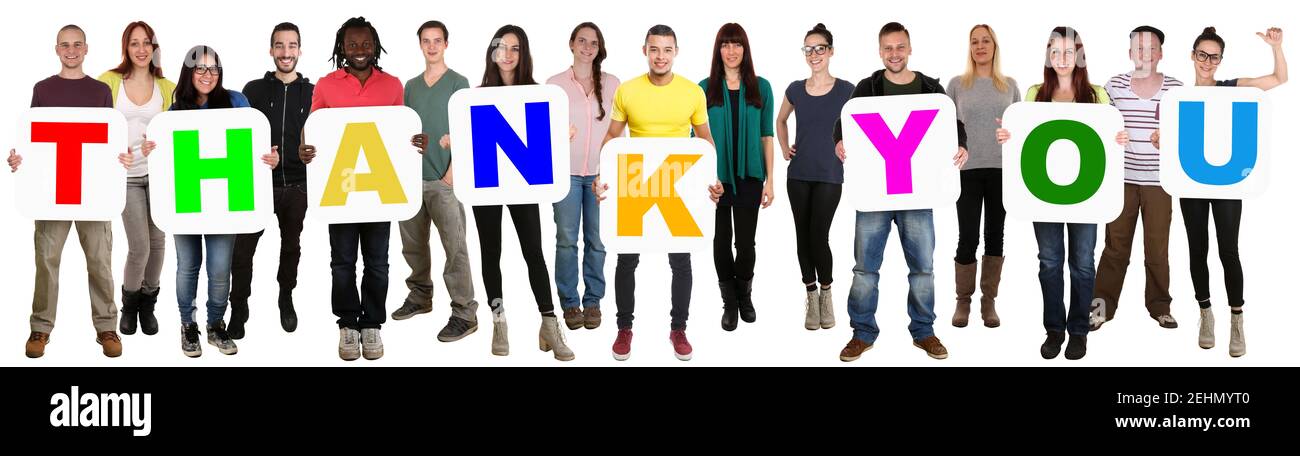 Vielen Dank Gruppe von jungen multiethnischen Menschen isoliert auf Weiß Stockfoto