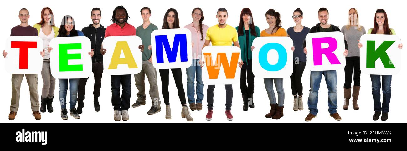 Teamarbeit Team Arbeit Konzept Community Gruppe von jungen multi ethnischen Menschen isoliert auf weiß Stockfoto