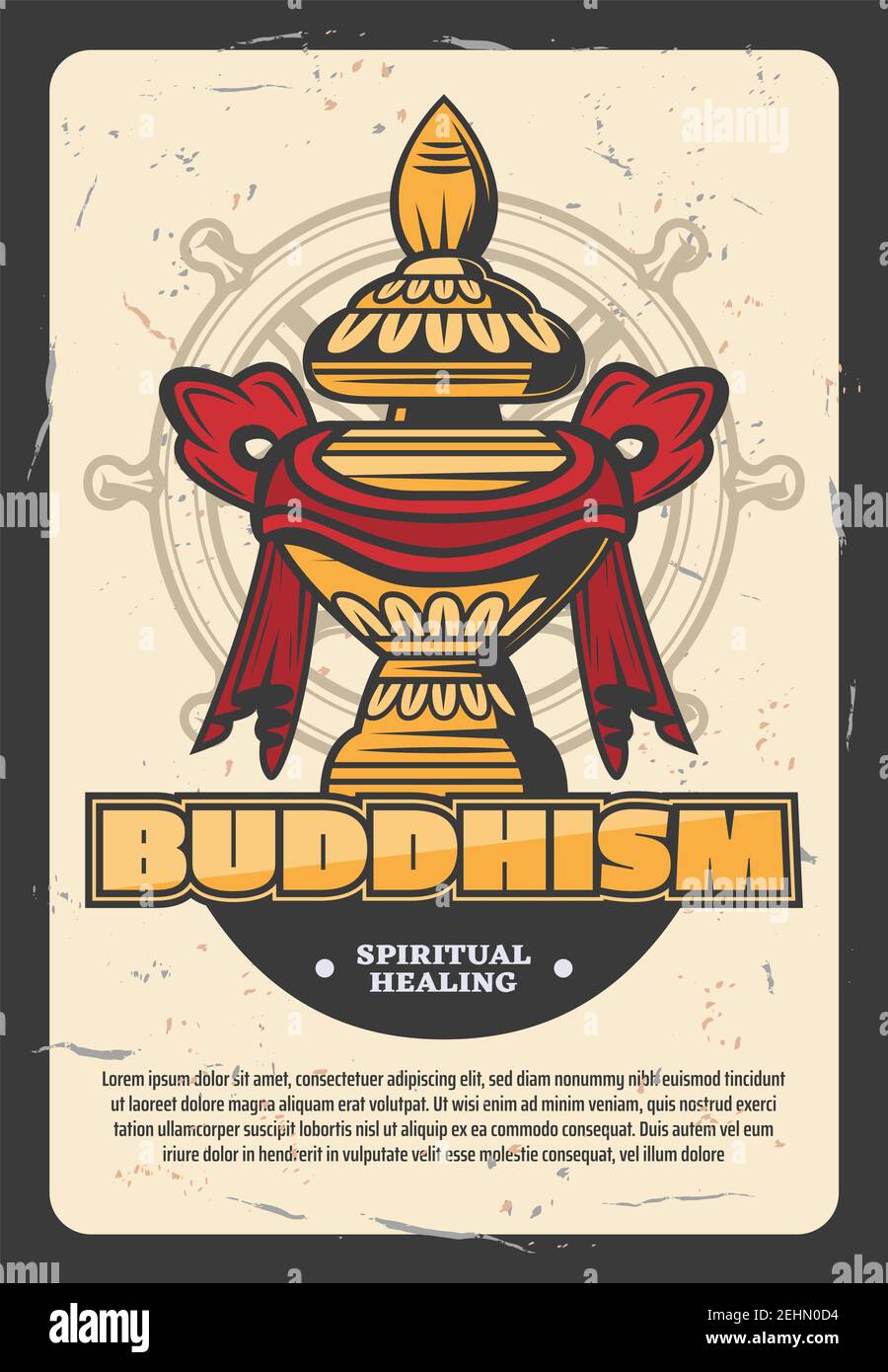 Orientalische Religion Buddhismus Vektor-Poster. Goldmönche Gefäß für Nahrung in Band eingewickelt. Religiöse heilige Attribut von Indien und China auf Navigation whee Stock Vektor