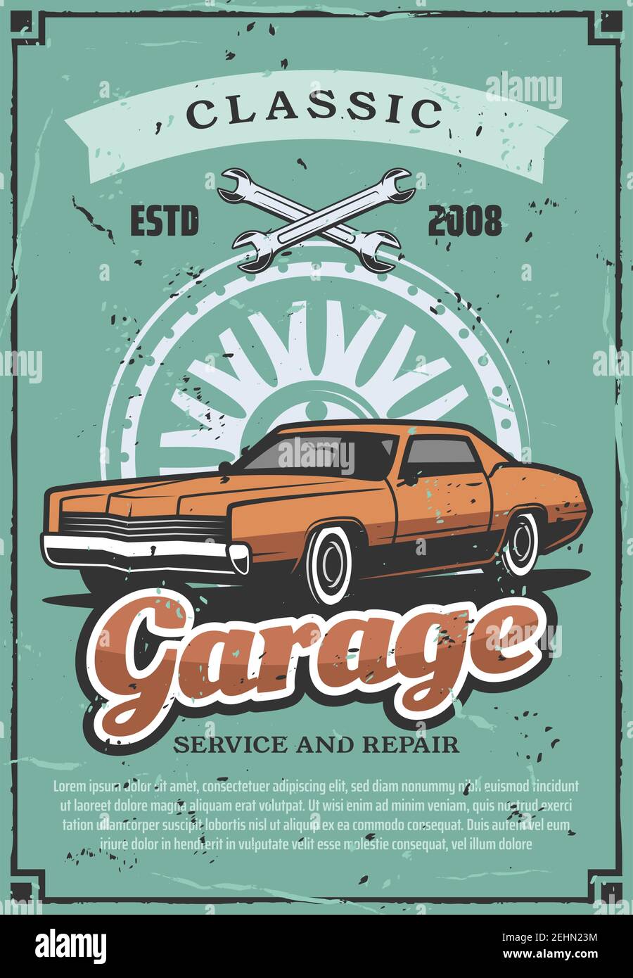Garage oder Autoservice vintage retro Poster, Kfz-Shop oder Mechaniker Reparatur-Center. Vector altes Auto, Schlüssel und Rad Silhouette. Fahrzeugmechanis Stock Vektor