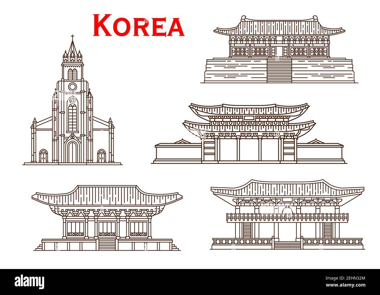 Korea berühmte historische Architektur Gebäude und Tempel. Vektor dünne Linie Fassaden von Haeinsa, Changgyeong Palast in Seoul, Bulguksa Kloster oder Bosi Stock Vektor Korea berühmte historische Architektur Gebäude und Tempel. Vektor dünne Linie Fassaden von Haeinsa, Changgyeong Palast in Seoul, Bulguksa Kloster oder Bosi Stock Vektor