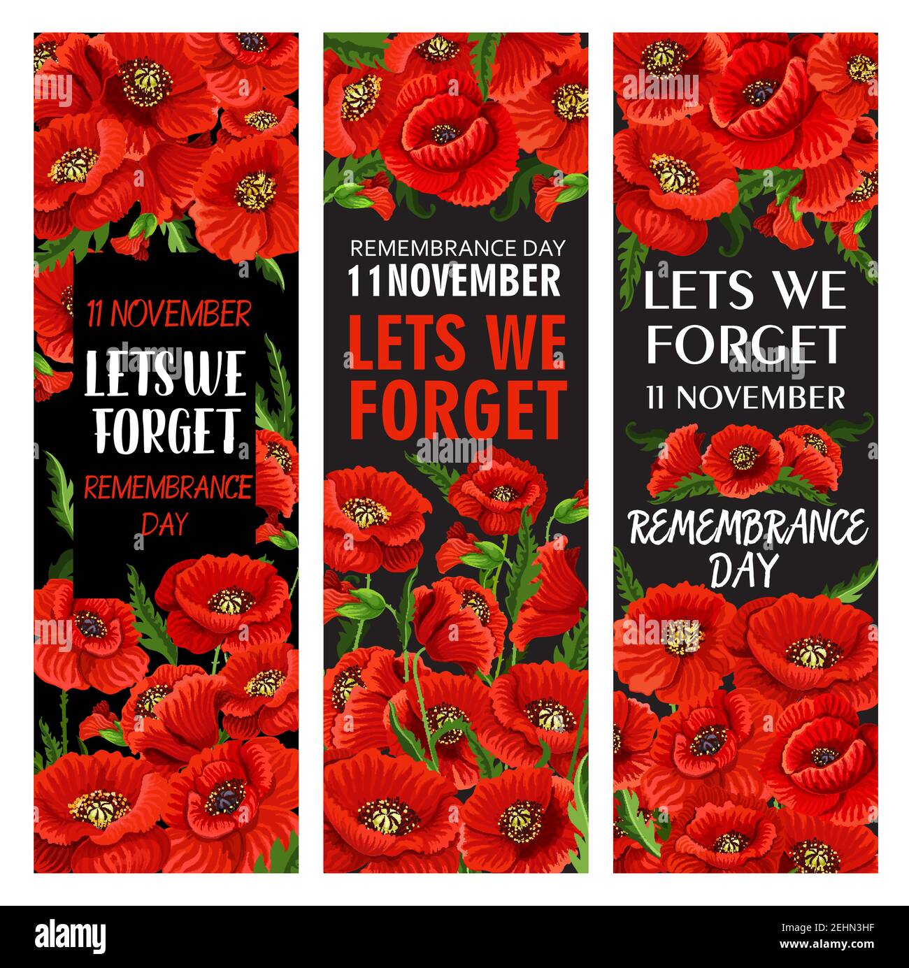 Roter Mohnblumenbanner Set für Remembrance Day Design. Damit wir vergessen, Gedenkkarte Vorlage von Weltkrieg Soldat und Veteran mit Blumenmuster von Stock Vektor