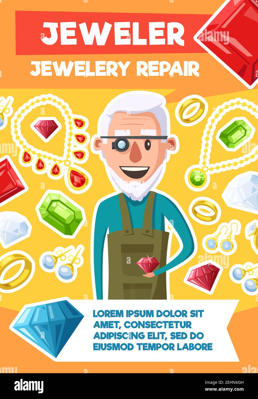 Juwelier oder Schmuck Reparatur Beruf Poster von alten Mann Experten und bijou Edelsteine. Vektor-Cartoon-Design von Edelsteinen, goldenen Ringen und Halsketten, Diamant Stock Vektor