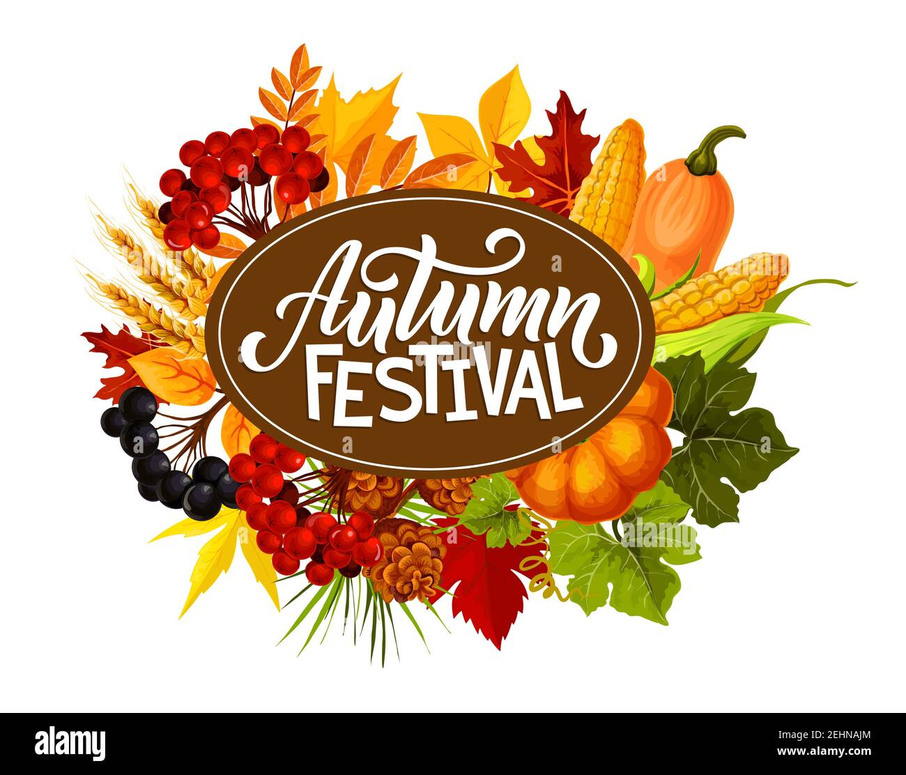 Herbstfest Plakat für Herbstzeit saisonale Feiertage oder Feier Einladung Design. Vector Herbsternte von Kürbis und Maisgemüse mit Stift Stock Vektor