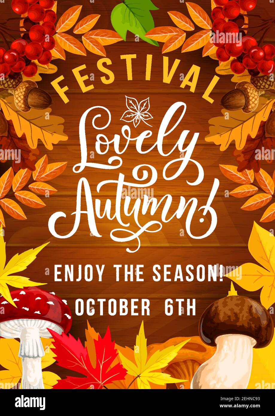 Herbstfest Plakat für 6 Oktober Herbstzeit Feiertag oder Feier Vektor Einladung Design der Herbstreiferbeerernte, amanita oder Pfifferlinge m Stock Vektor
