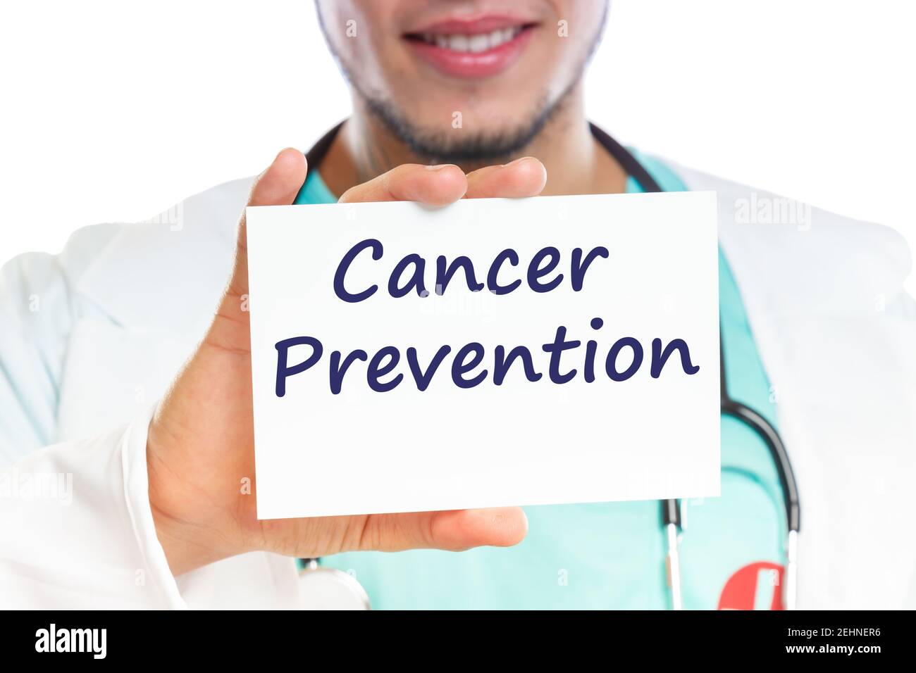 Krebsprävention screening-Check-Up Krankheit krank Krankheit gesund Gesundheit Arzt mit Schild Stockfoto
