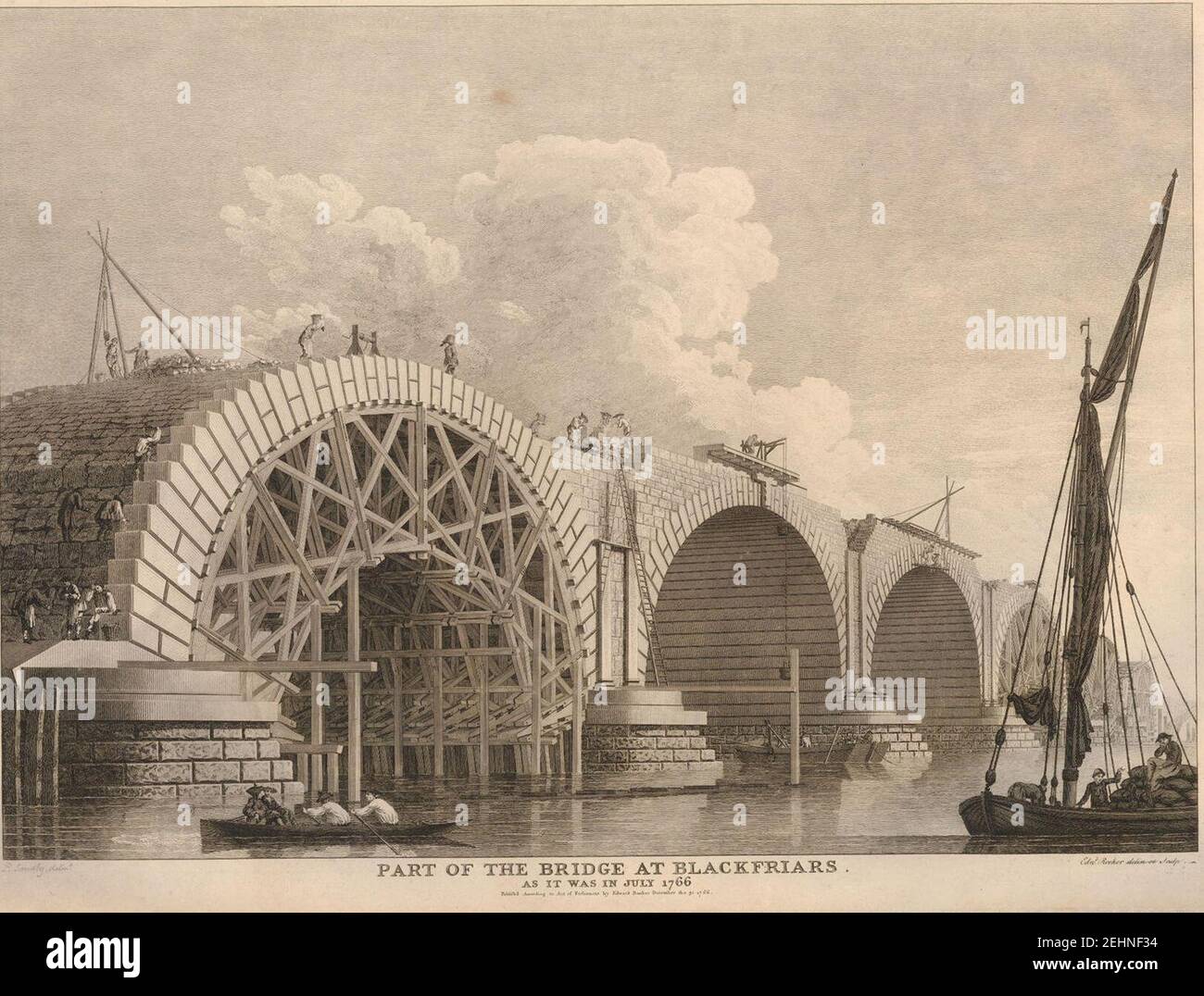 Teil der Brücke bei Blackfriars wie im Juli 1766, von Edward Rooker nach Thomas Sandby, 1766 - bm 1904,0819.799. Stockfoto