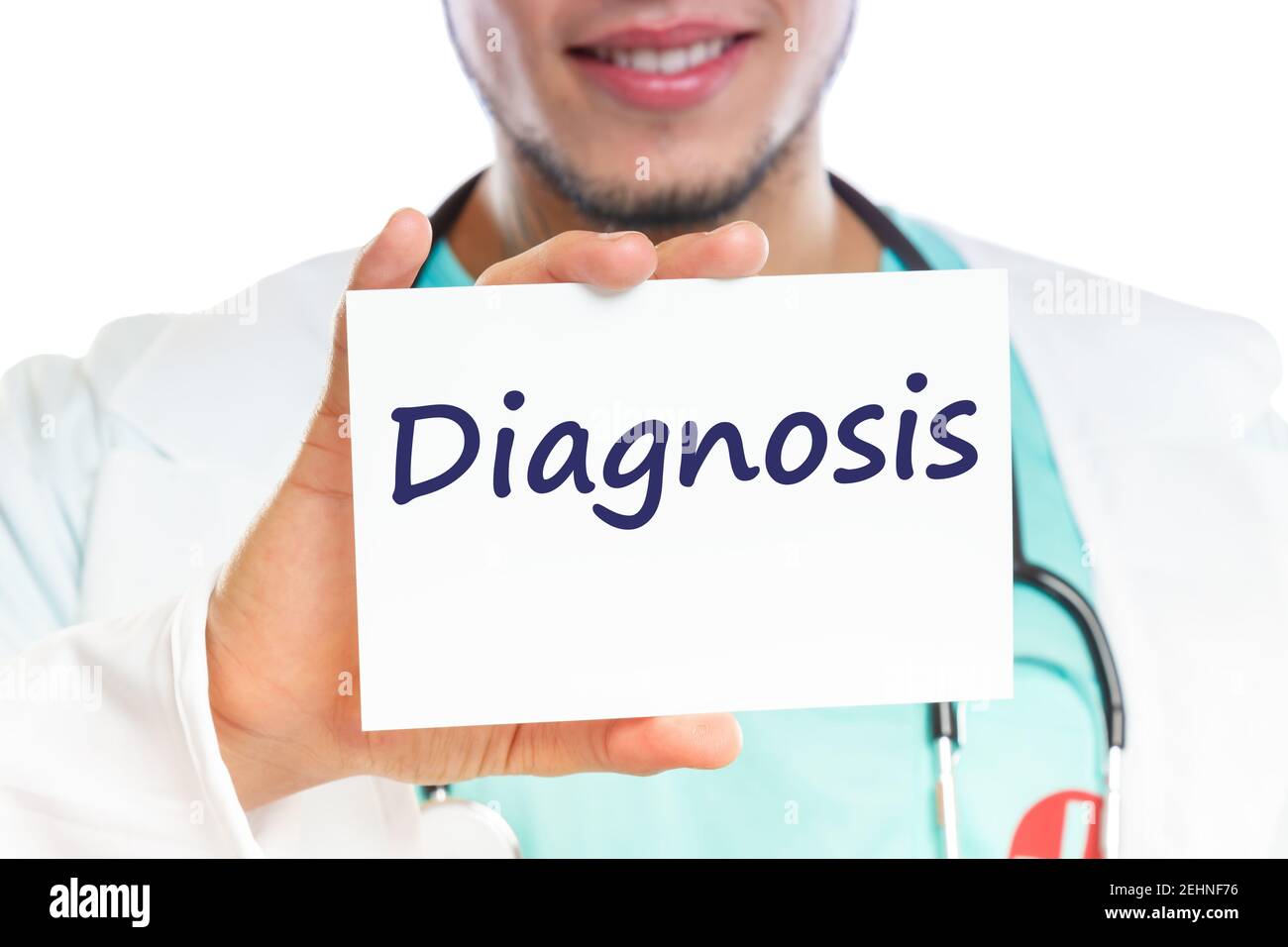 Diagnose-Krankheit krank Krankheit gesund Gesundheit-Check-Up Screening Arzt mit Schild Stockfoto