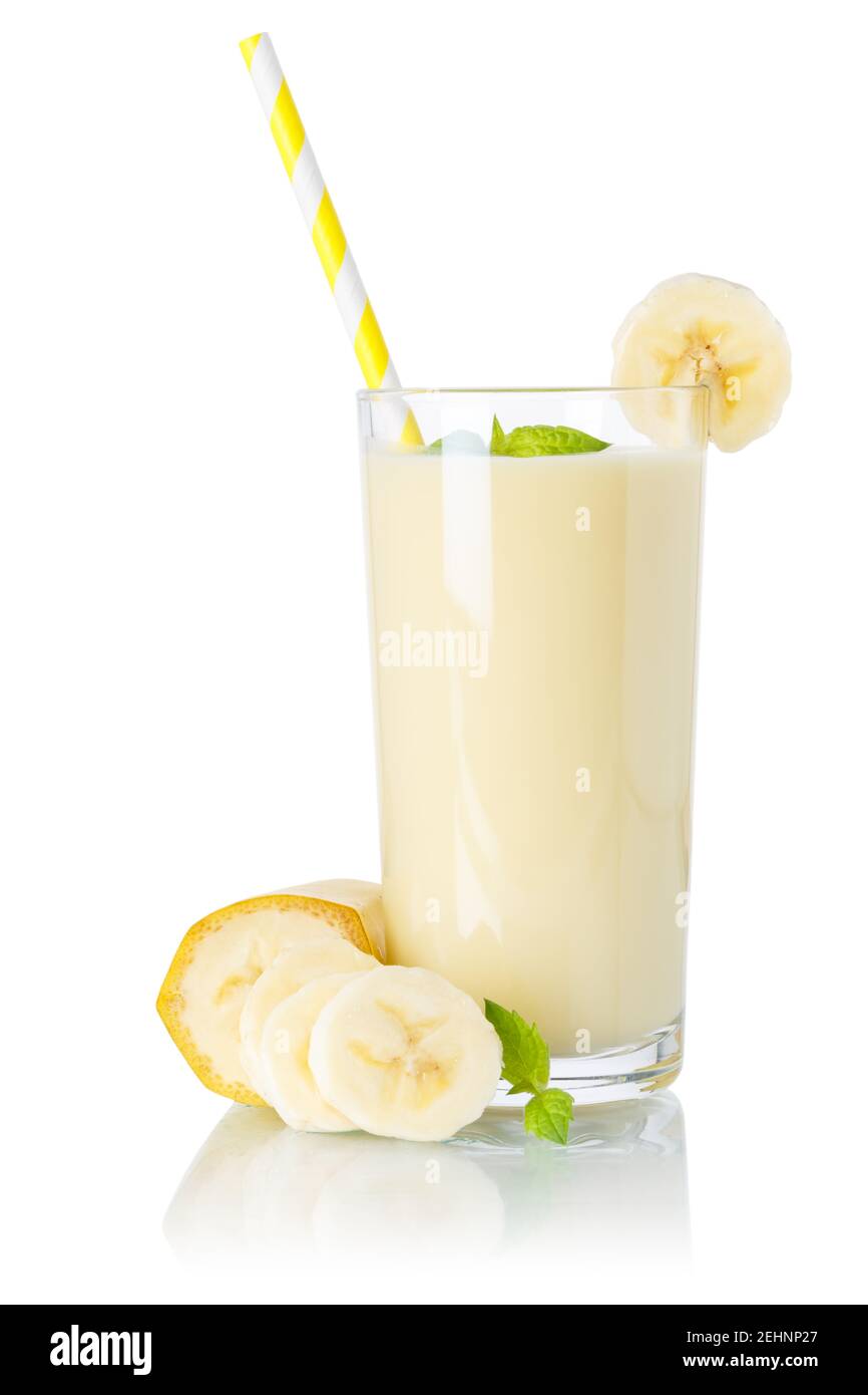Banana Smoothie Fruchtsaft trinken Stroh Milchshake Milch Shake in Ein Glas isoliert auf weißem Hintergrund Stockfoto