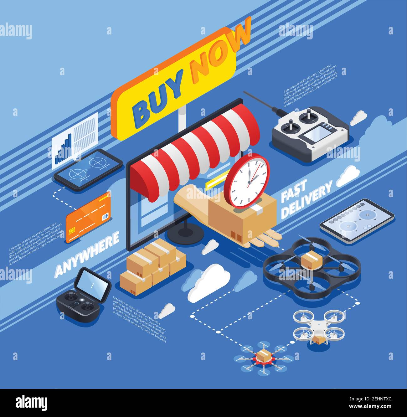Internet-Shop, Zahlungskarte und Paketzustellung von Drohnen isometrische Zusammensetzung auf blauem Hintergrund Vektor-Illustration Stock Vektor