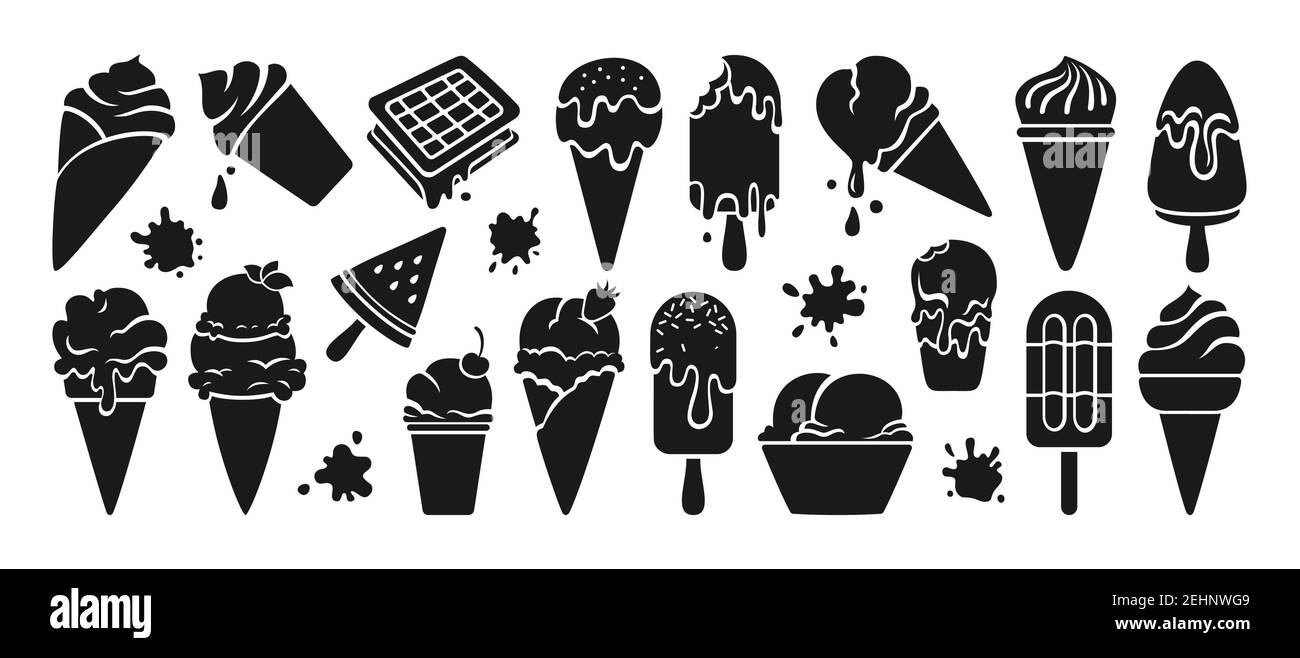 Eis schwarz Glyphe Set. Schokolade, Vanille Cartoon Eis Kegel Obst, Minze, Beere. Kawaii Icon Sommerkollektion süßes Essen und Splash. Wassermelone auf Stock. Isolierte Dessert Vektor-Illustration Stock Vektor