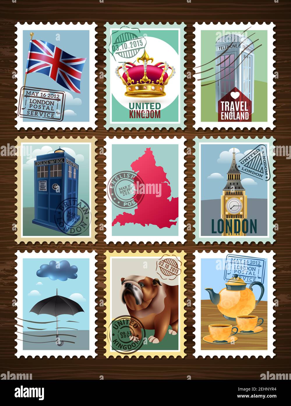 England Plakat-Set in Form von Briefmarken mit Landmarken auf Holzhintergrund isoliert Vektor-Illustration Stock Vektor