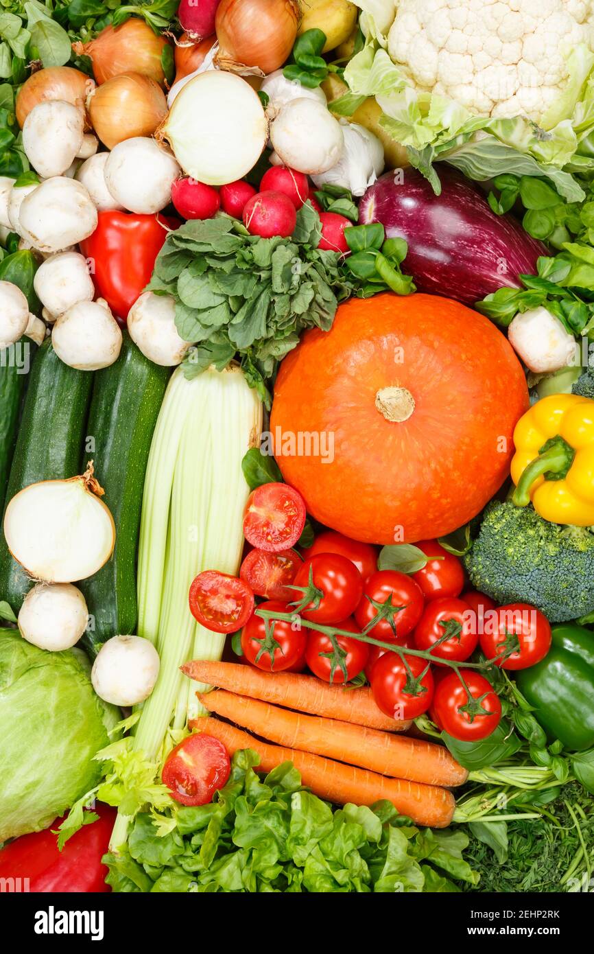 Lebensmittel Hintergrund Gemüse Sammlung Hochformat Tomaten Karotten Kartoffeln Glocke Pfeffer Gemüse Hintergründe Stockfoto