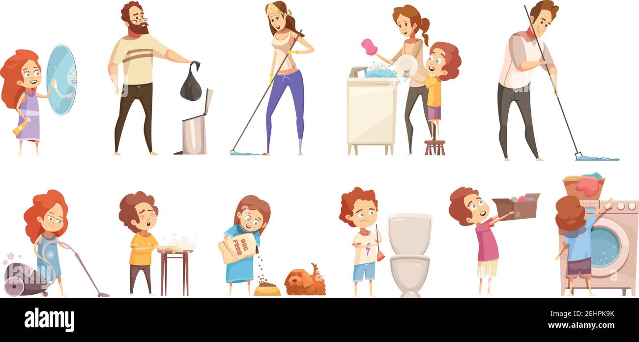 Kinder helfen Eltern mit Haushalt Aufgaben Retro CartoonSymbole Banner Set mit isolierter
