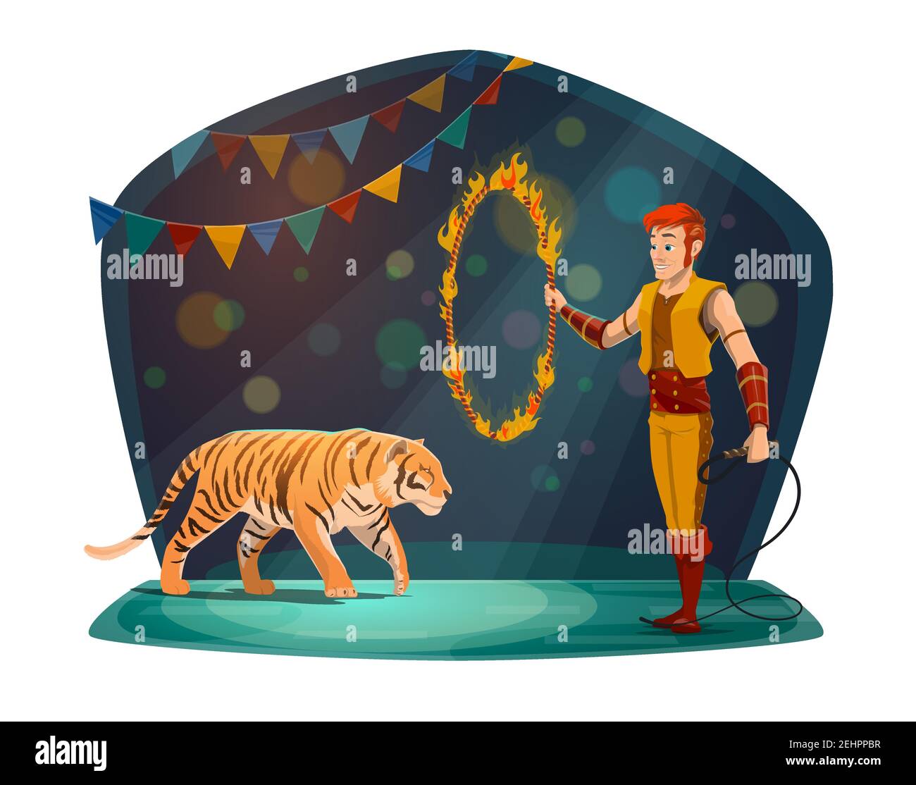Zirkusvorstellung mit Tiger, der durch Feuerring springt und Handler in szenischer Tracht. Spektakuläre Unterhaltung, Mann mit Kreis in Flamme und wilde da Stock Vektor