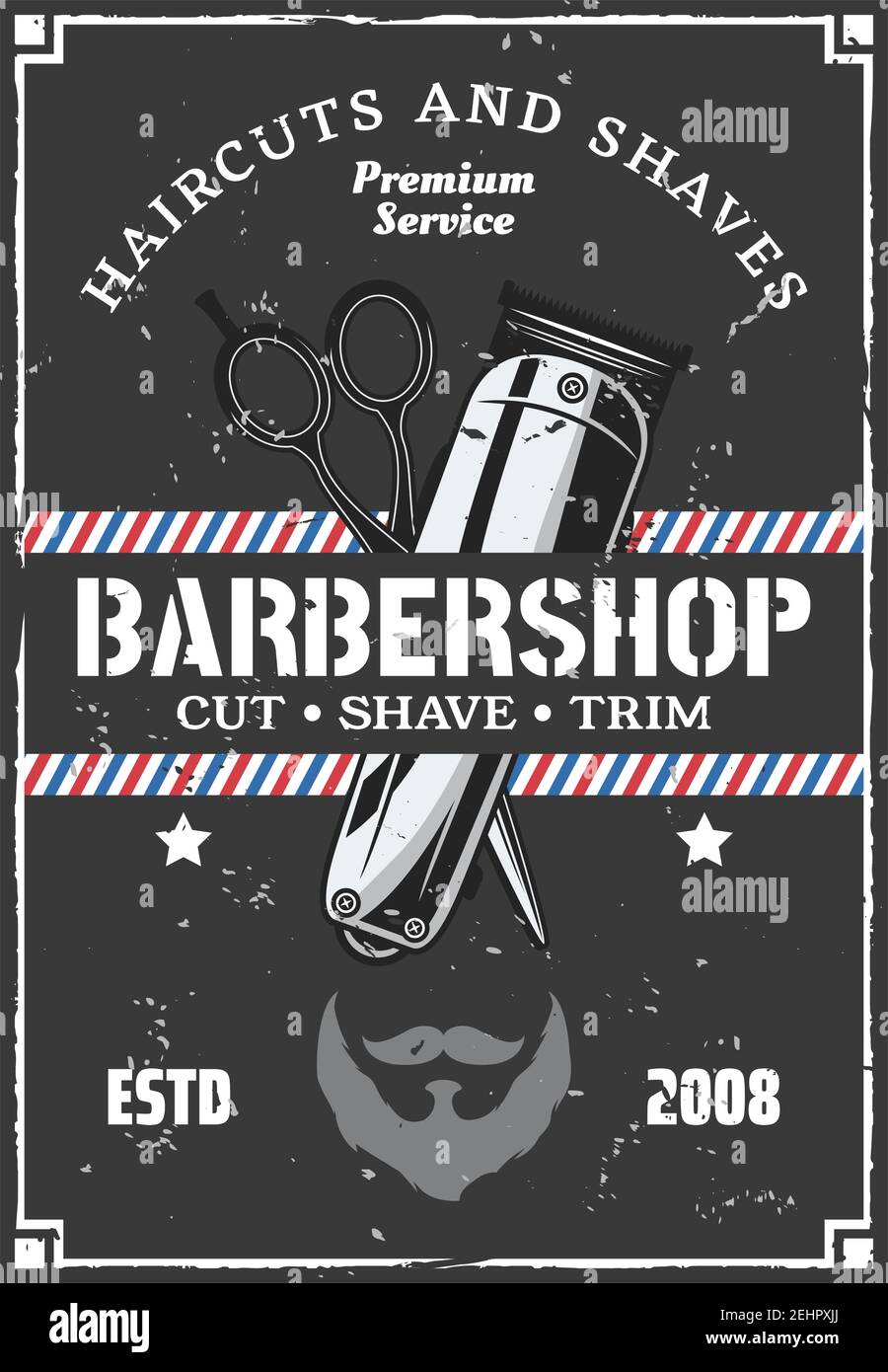 Barbershop Salon Werbung Retro Poster mit Grunge Effekt. Vector Vintage Design von Trimmer und Schere für Haarschnitt und Bart oder Schnurrbart rasieren Stock Vektor