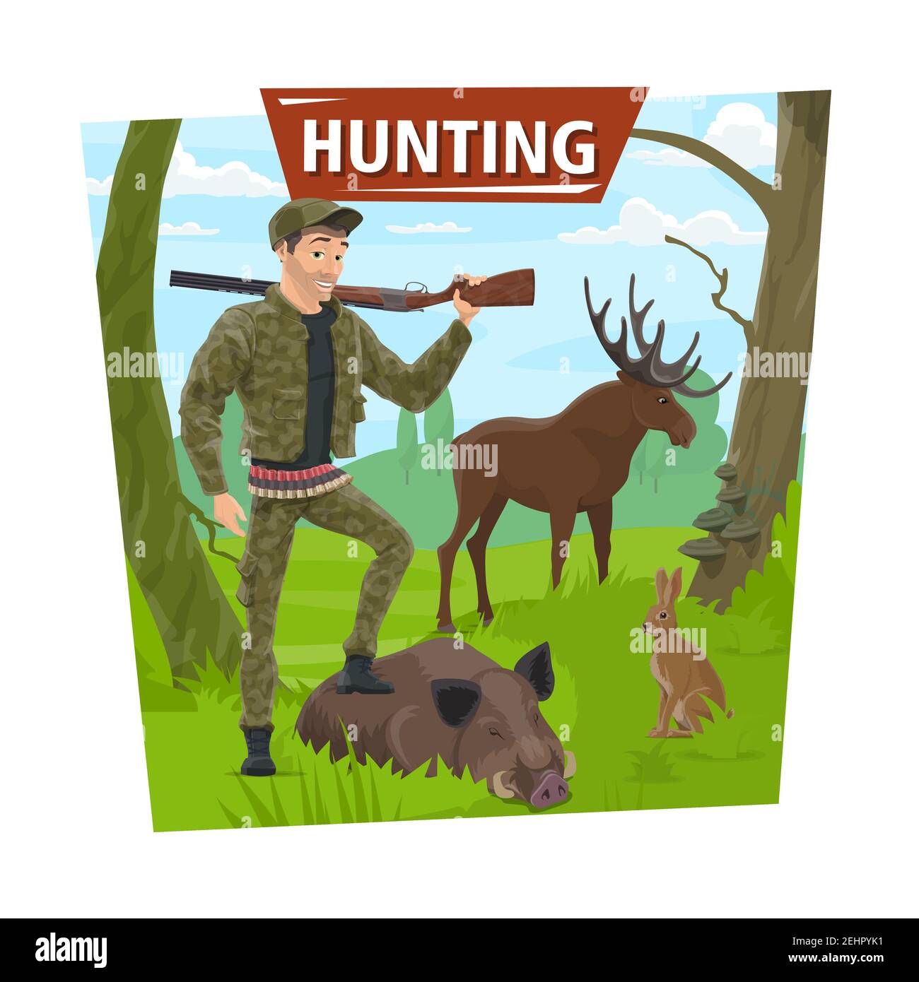 Jagdposter. Hunter Mann mit wilden Tieren Trophäe und Gewehr. Vector Jagd offenen Saison, Waldelch Geweihe, Kegelschwein oder Wildschwein und Kaninchen oder Hase Stock Vektor