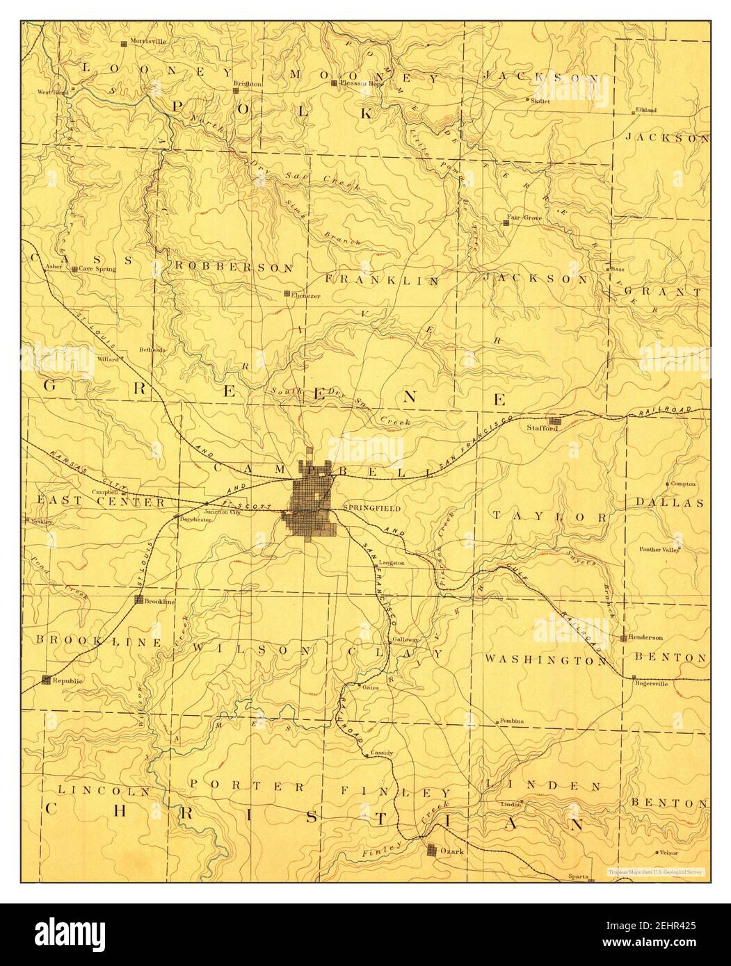 Springfield, Missouri, Karte 1886, 1:125000, Vereinigte Staaten von Amerika von Timeless Maps, Daten U.S. Geological Survey Stockfoto