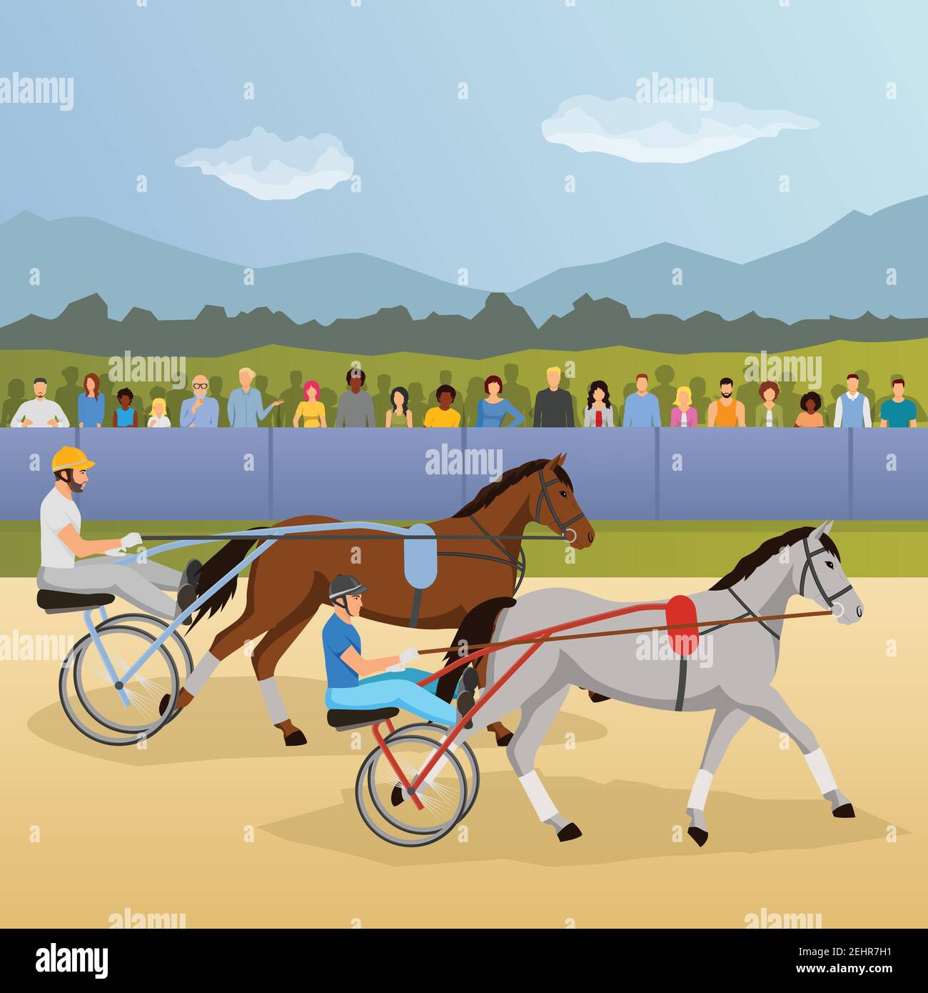 Harness Racing flache Zusammensetzung mit Jockeys und Pferde, Zuschauer hinter Zaun auf natürliche Landschaft Hintergrund Vektor-Illustration Stock Vektor