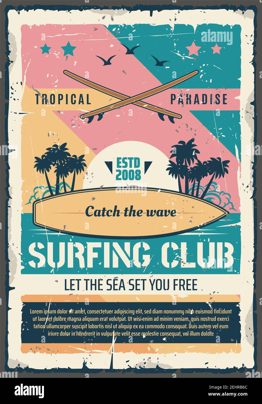 Surfing Club Retro Poster für Sommer Tropical Paradise Abenteuer. Vector Vintage Design von Palmeninsel am Meeresstrand mit Meereswellen für Surfbrett sur Stock Vektor