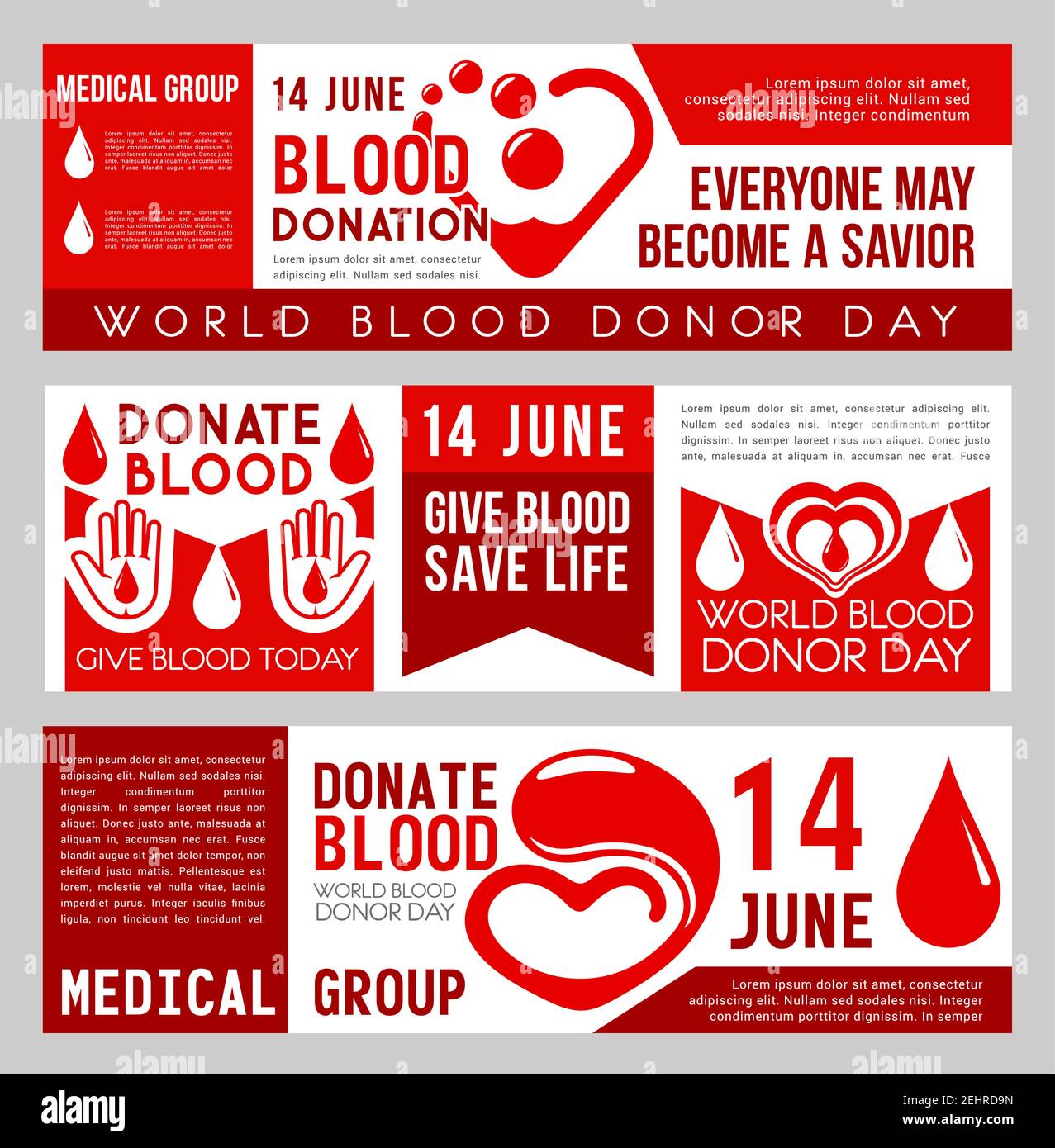 Blutspende-Banner für den Weltblutspendertag. Roter Bluttropfen, Herz und Hand medizinische Klinik Informationsflyer für Transfusionslabor, do Stock Vektor