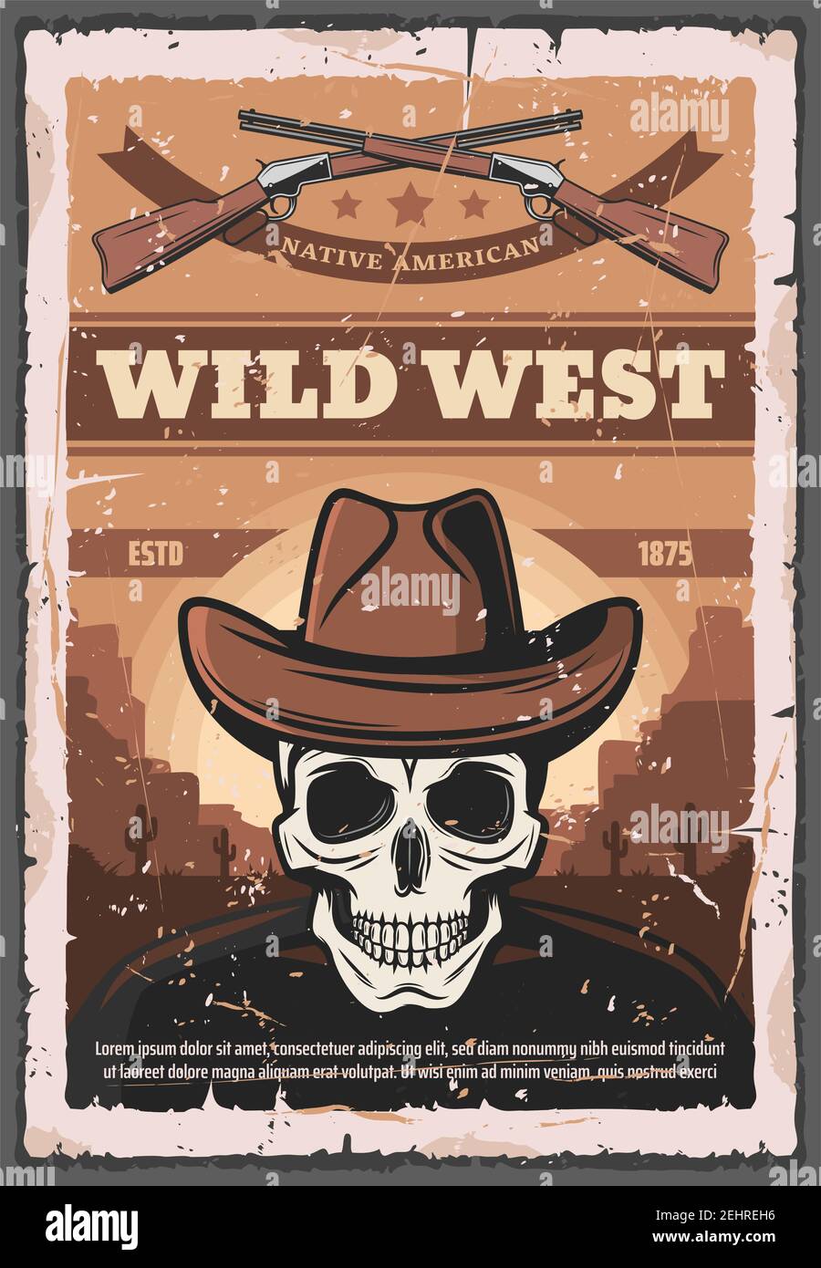 Wild West Retro Poster von Schädel in Sheriff Cowboy Hut und Gewehr Pistolen. Vector native American vintage Design mit Colorado Canyon Wüste und Kakteen f Stock Vektor