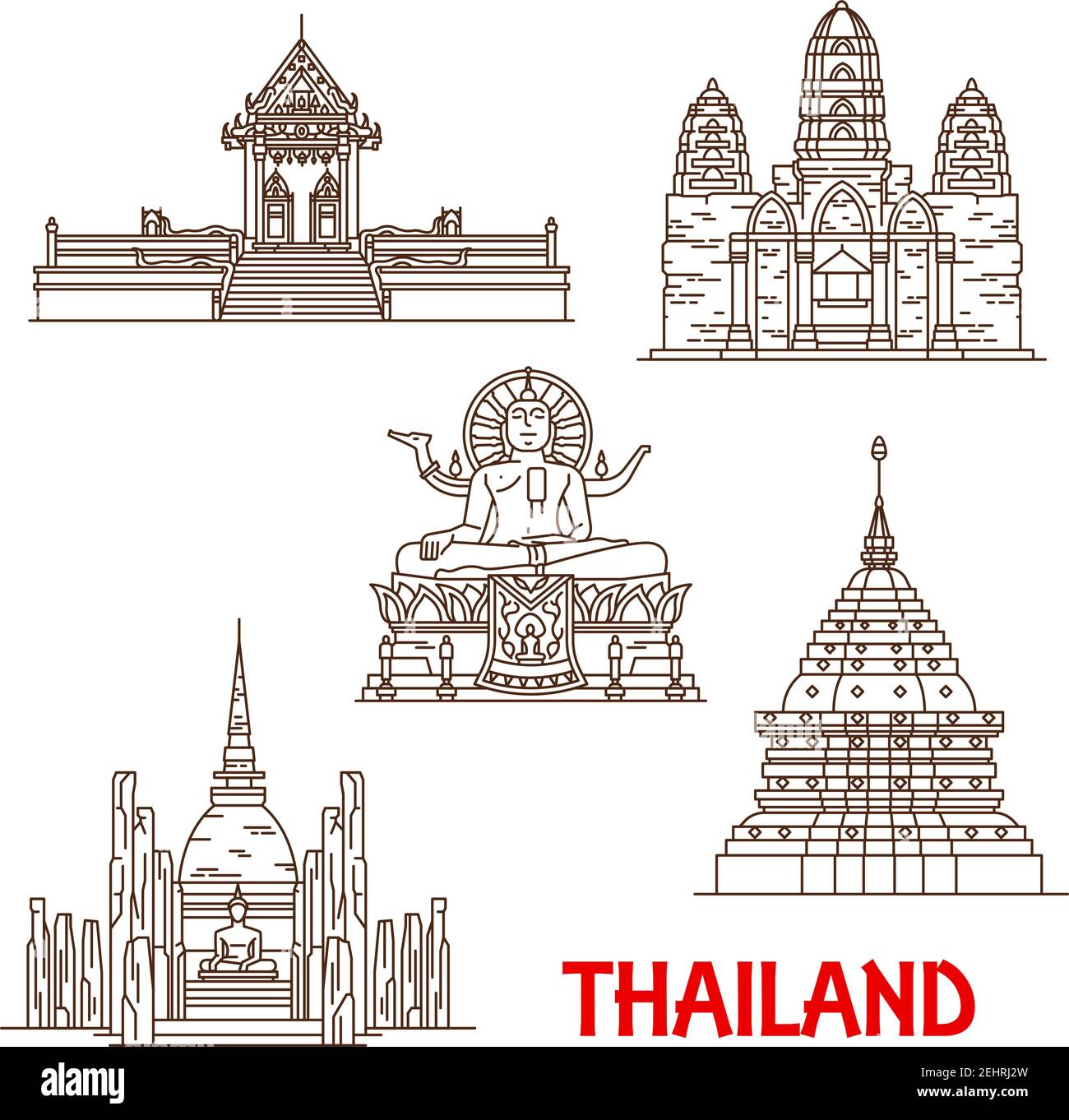 Thailand berühmte historische Architektur und buddhistische Schreinentempel. Vektor dünne Linie Fassaden von Samui Wat Khunaram, Big Buddha Statue, Phra, dass Doi Su Stock Vektor Thailand berühmte historische Architektur und buddhistische Schreinentempel. Vektor dünne Linie Fassaden von Samui Wat Khunaram, Big Buddha Statue, Phra, dass Doi Su Stock Vektor