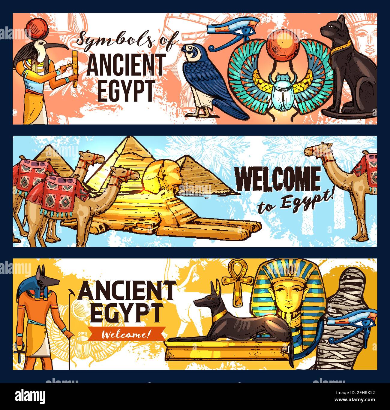 Willkommen bei alten Ägypten Vektor Banner. Pharaonen Statuen und Mumie, Ra gott und Sphinx, große Pyramiden und Kamel, schwarze Katze und Falke, luxor Schatz s Stock Vektor