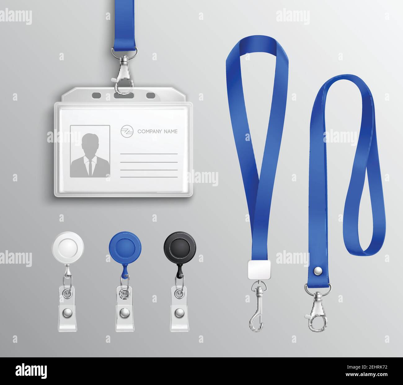 Mitarbeiter Personalausweis id Ausweise Halter mit blauen Lanyards und Schlaufenclips realistische Vorlagen setzen isolierte Vektor-Illustration Stock Vektor