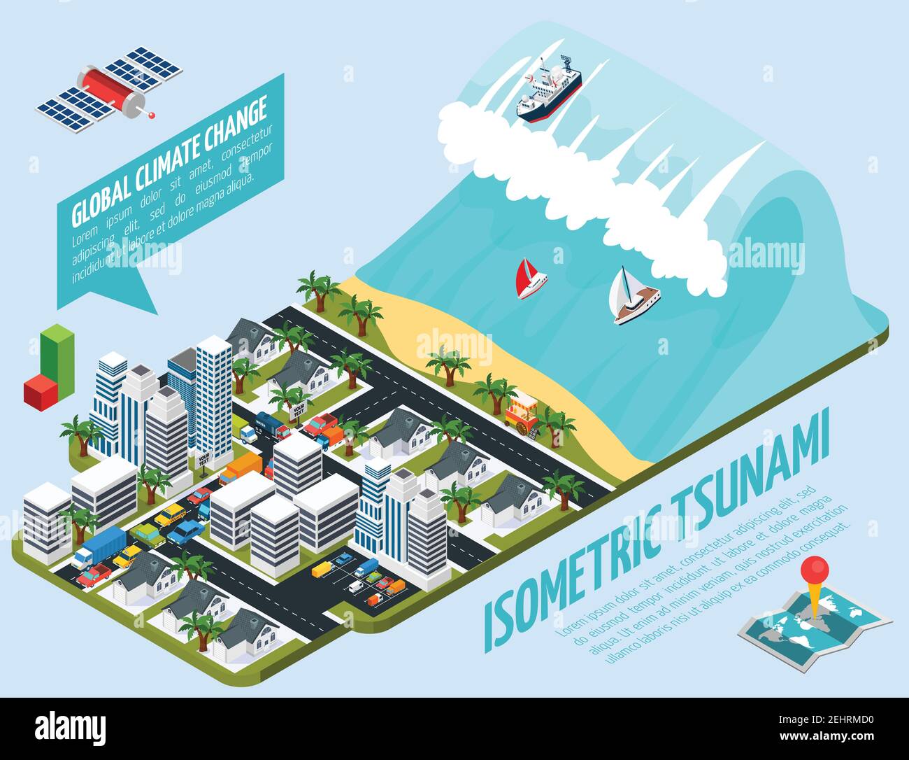 Globale Erwärmung isometrische Zusammensetzung mit Tsunami, Stadt am Meer, Satellit, Weltkarte auf blauem Hintergrund Vektor-Illustration Stock Vektor