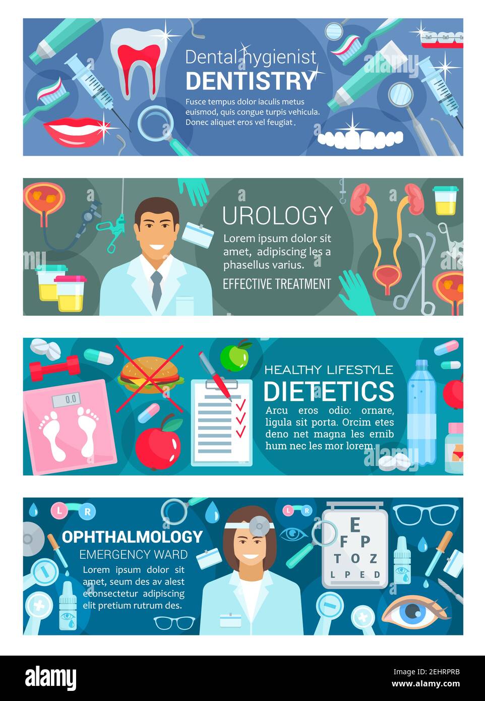 Banner für Medizin und Gesundheitswesen mit Symbolen für Zahnmedizin, Urologie, Augenheilkunde und Diätetik. Ärzte, Diagnosetools, menschliche Organe und Geräte, Stock Vektor
