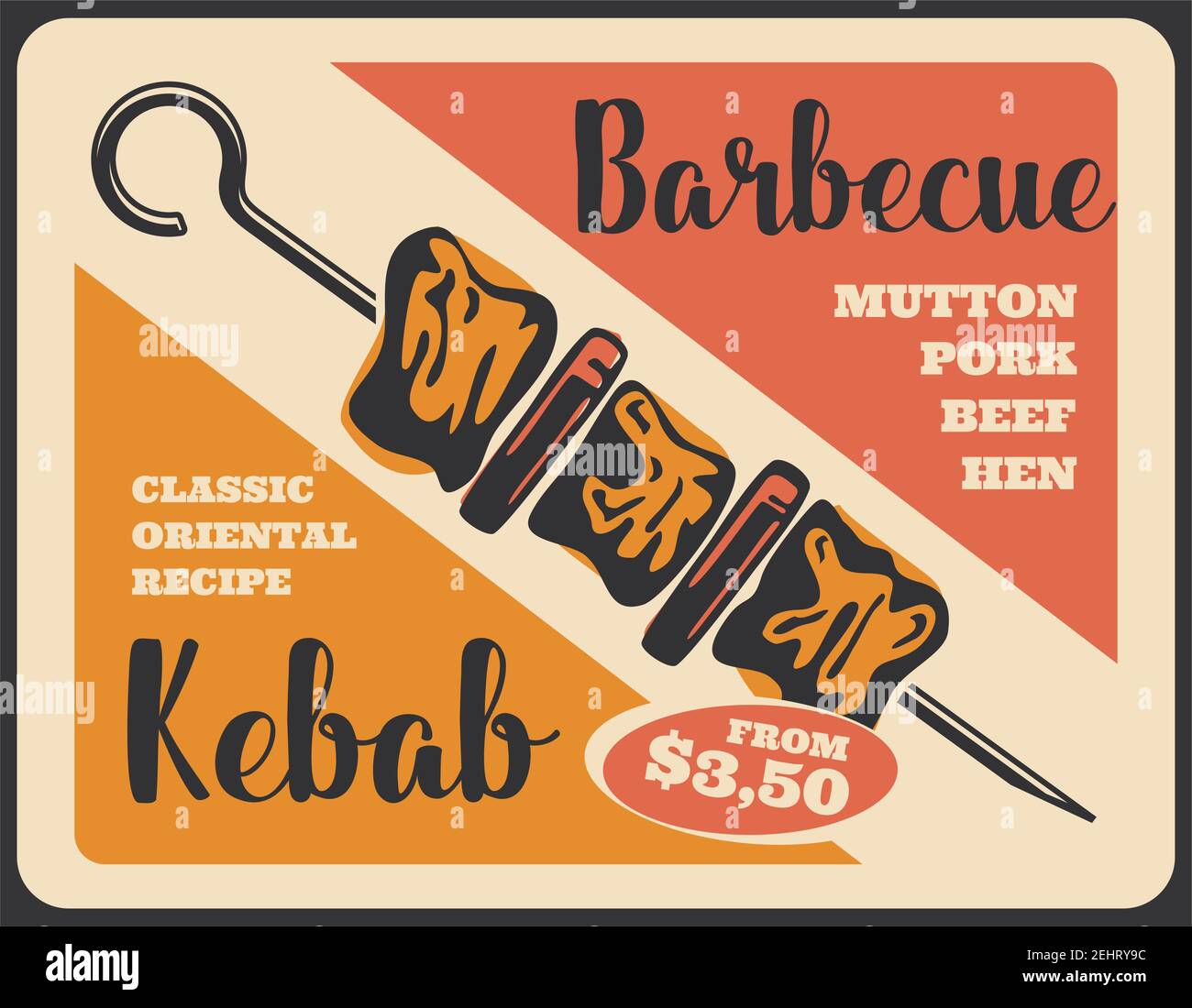 Kebab Grill Retro Poster, gegrilltes Fleisch auf Spieß. Shish Kebab mit Rindfleisch, Schweinefleisch und Gemüse. BBQ-Restaurant-Menü und türkische Küche Fleischgericht Stock Vektor