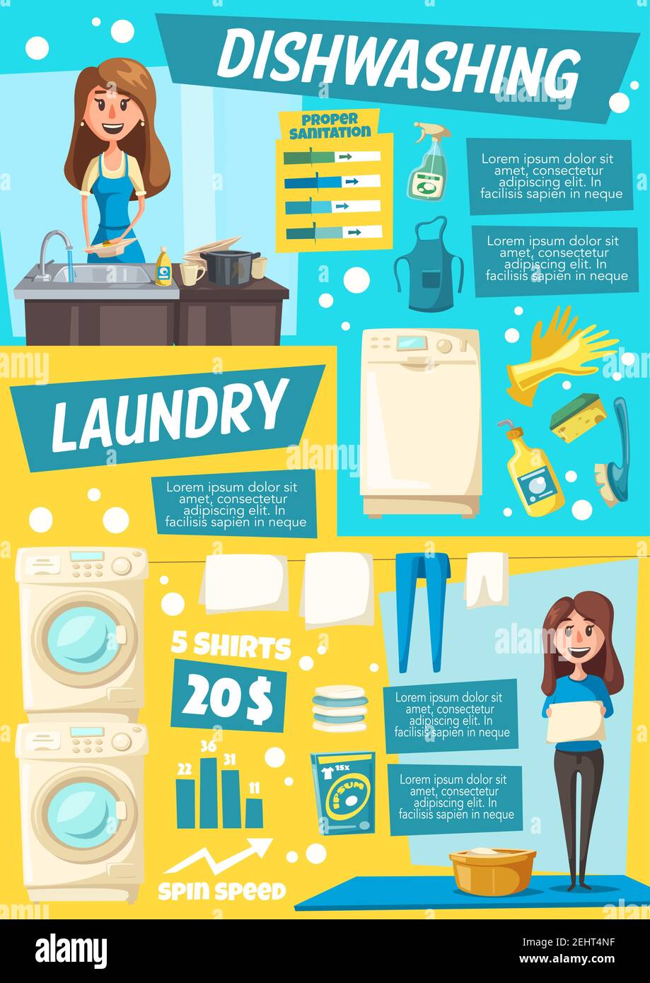Wäscherei und Küche Geschirrspülservice. Vector Cartoon Frau mit Reinigungsartikeln, Waschmaschine und Wäsche mit Waschmittel und Utensil, cl Stock Vektor