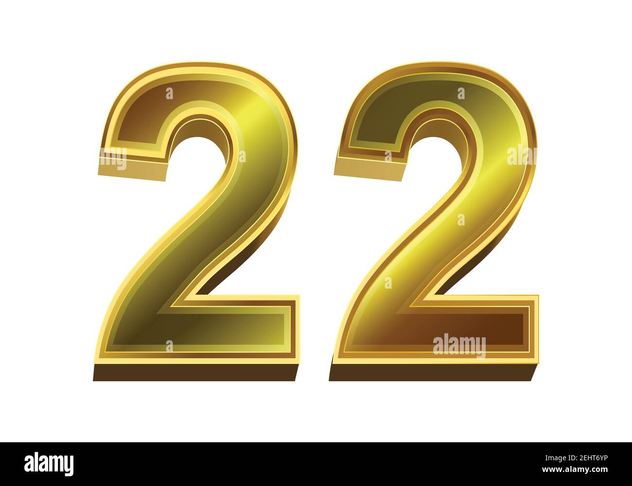 3D goldene Zahl 22 isoliert auf weißem Hintergrund Stock Vektor
