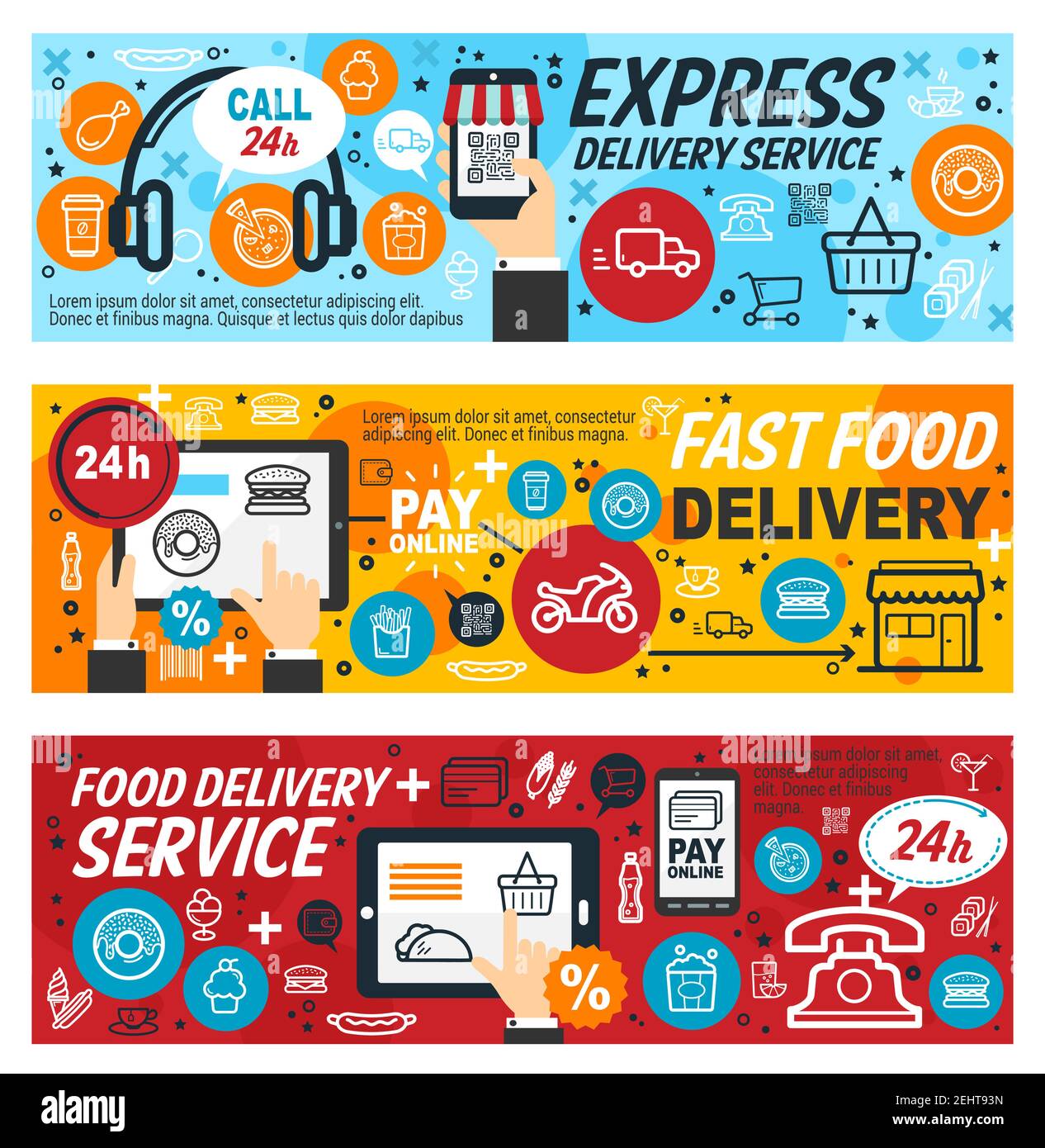 Fast Food Online-Bestell-und Lieferservice, Vektor. Fastfood Restaurant Menü Anwendung für Laptop, Handy und Tablet mit Pizza und Sushi, Eis Stock Vektor