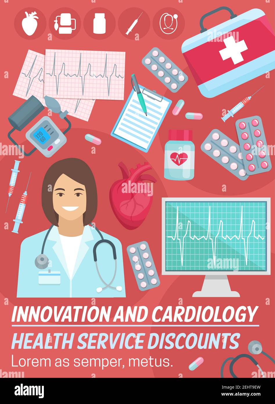 Kardiologie und Herzmedizin, Kardiologe Arzt, Stethoskop, Diagnose-Tools und Behandlung. Kardiovaskuläre Untersuchung, Prävention von Krankheiten Stock Vektor