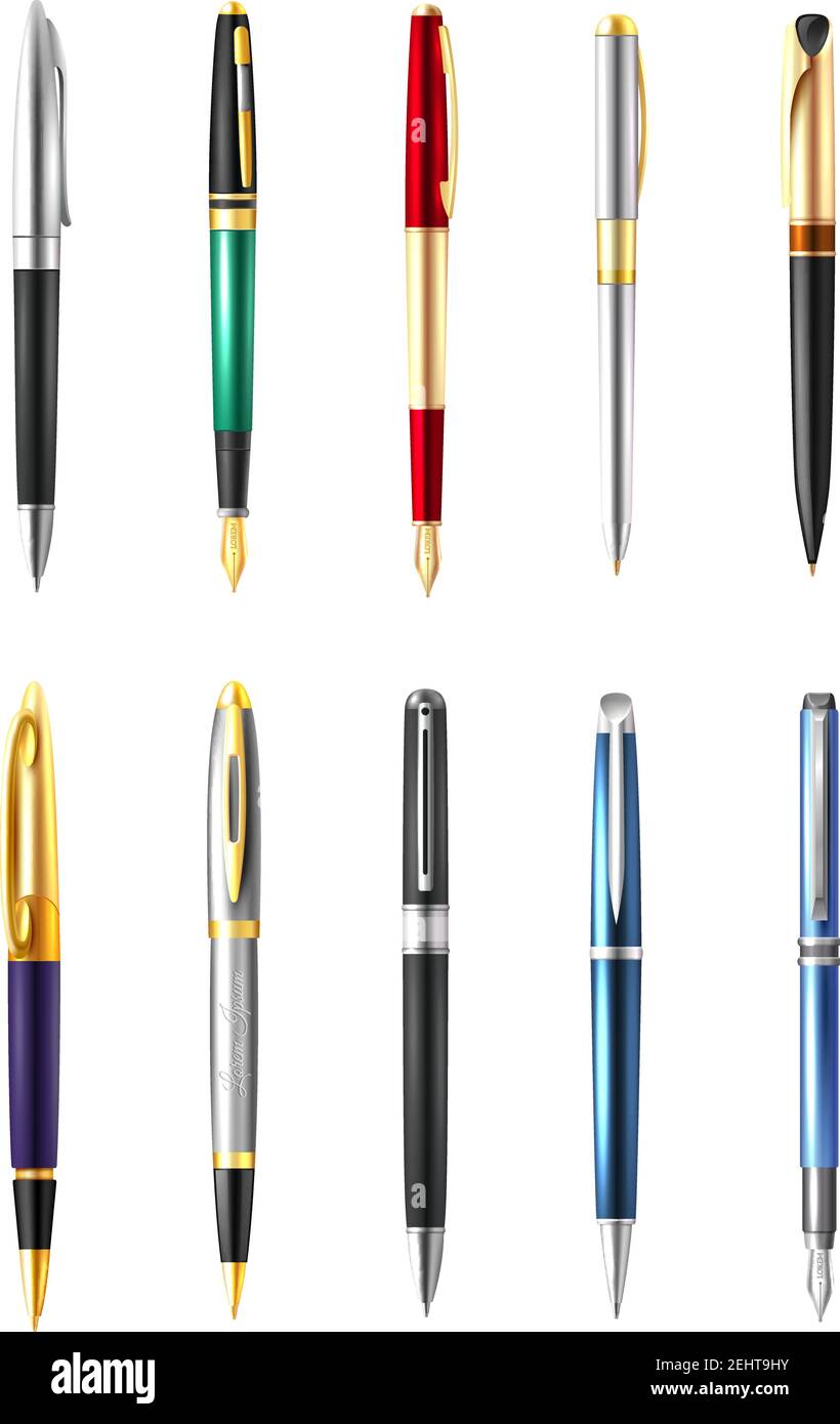 Farbige und realistische Business-Stift Symbol-Set mit verschiedenen Typen Und Farben der Stifte Vektordarstellung Stock Vektor