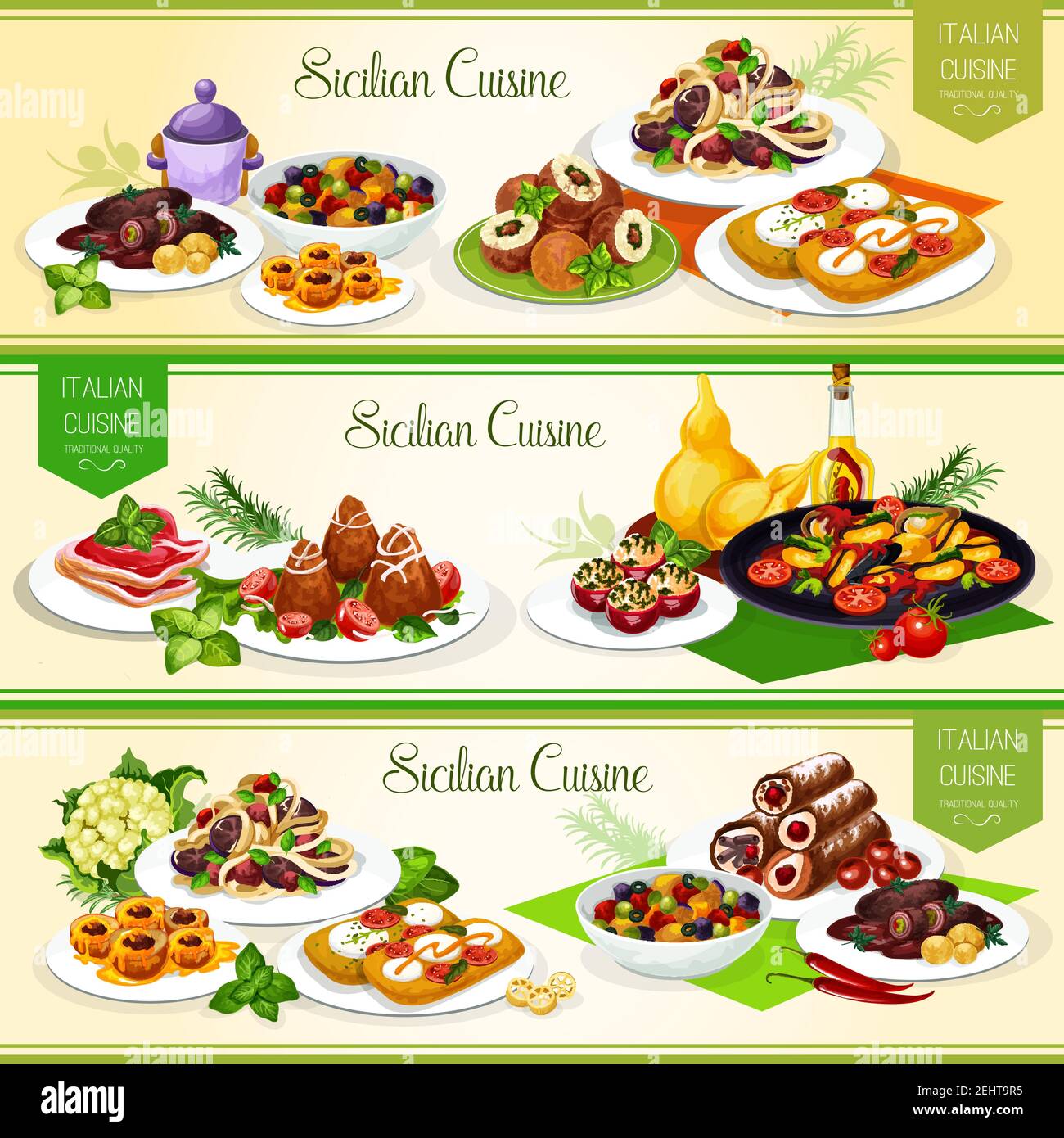 Sizilianische Küche Banner für italienische Restaurant-Menü-Design. Gemüsegarten, Tomatenkäse Bruschetta und Rinderbrötchen, gefüllte Tomaten, Obst Dessert und Stock Vektor