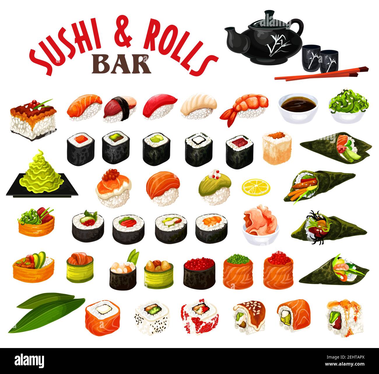 Sushi und Rollen japanischer Meeresfrüchte mit Sauce und Essstäbchen. Vector Roll, Uramaki und inari, Nigiri und Gunkan, Temaki Sushi mit Lachs Fisch, Reis Stock Vektor