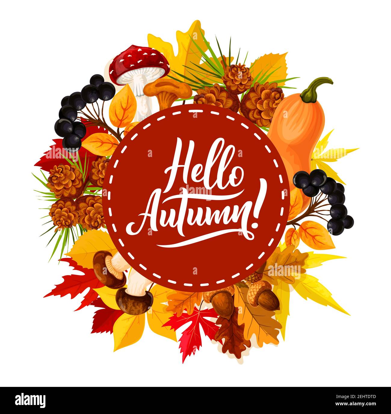 Hello Autumn Poster mit saisonalem Zitat für Herbstferien oder Sale Festival. Vektor-Design von Herbst Kürbis, Ahorn oder Eberesche Blatt, Eichel und Wald Stock Vektor